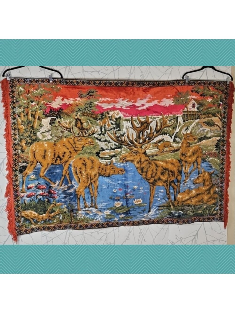 Vintage Deer Drinking Water In Forest Woodland Velvet Rug Wall Hanging